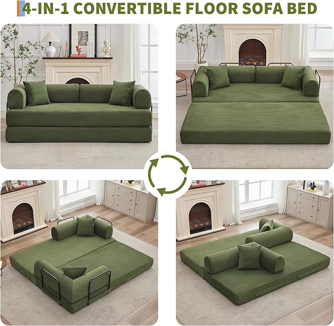 78'' Convertible Sleeper Sofa Bed4 in 1 Corduroy Boneless Couch with PillowsFolding Sectional Couch with Pull Out BedFloor Sofa Loveseat for Living RoomBedroomNo Assembly RequiredGreen