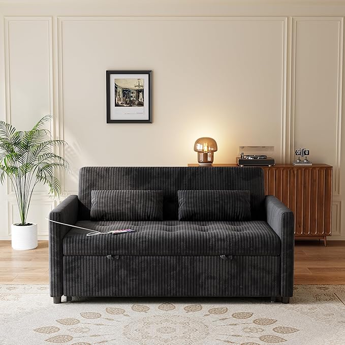 Sofa Bed Loveseat 3-in-1 Sleeper Sofa with Pull Out Bed Pockets and USB Modern 2 Seater Convertible Small Couch for Living Room Bedroom Apartment (Black Corduroy)