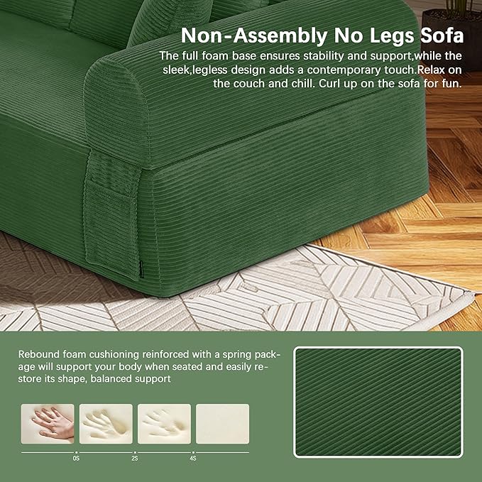83 Modern Sofa in a Box No Assembly Oversized 3 Seater 28 Deep Seat Cloud Sofa Bed Couch with 4 Furry Pillows &amp Corduroy Fabric Boneless Couch with Side Storage Pockets for Living Room Green