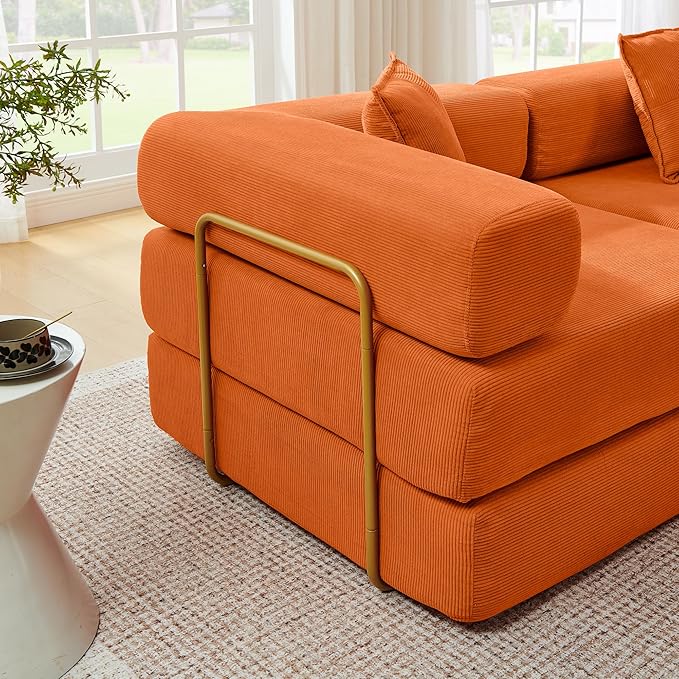 108 W Corduroy Modular Cloud Couch with Fixed-Shape Frame Oversized L-Shaped Sectional Sleeper Sofa Bed with Pull Out Bed No Assembly Modern Floor Boneless Couch for Living Room (Orange)