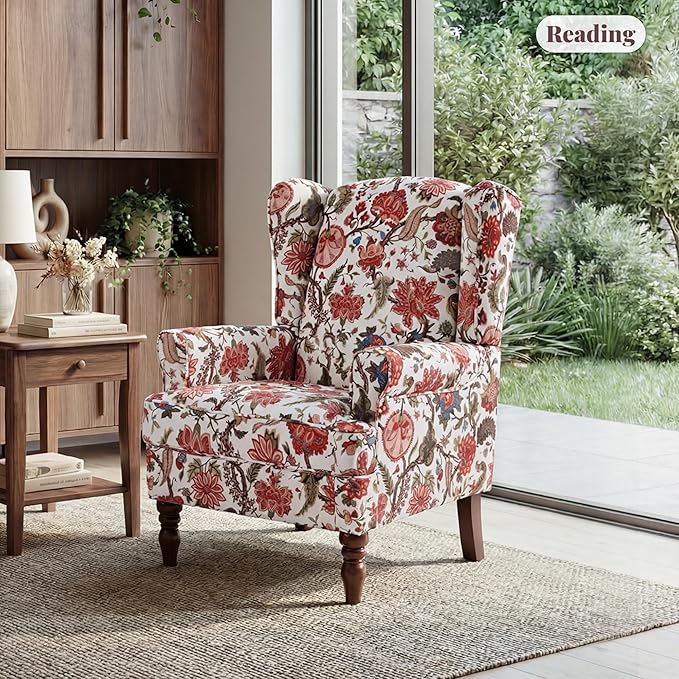 EROMMY Floral Accent Chair Comfortable High Back Upholstered Armchair with Solid Wood Legs Leisure Single Sofa Chair for Living Room Bedroom Home Office Red Floral