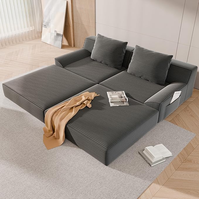 79 Convertible Sofa Bed Upholstered Boneless Couch Loveseat Sleeper with Pull Out Bed Corduroy Futon Couch Floor Folding Sofa Modular Futon Couch for Living Room Bedroom Lounge Grey