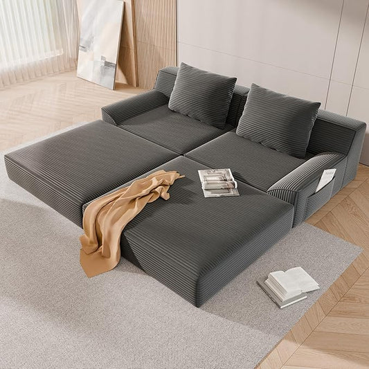 79 Convertible Sofa Bed Upholstered Boneless Couch Loveseat Sleeper with Pull Out Bed Corduroy Futon Couch Floor Folding Sofa Modular Futon Couch for Living Room Bedroom Lounge Grey