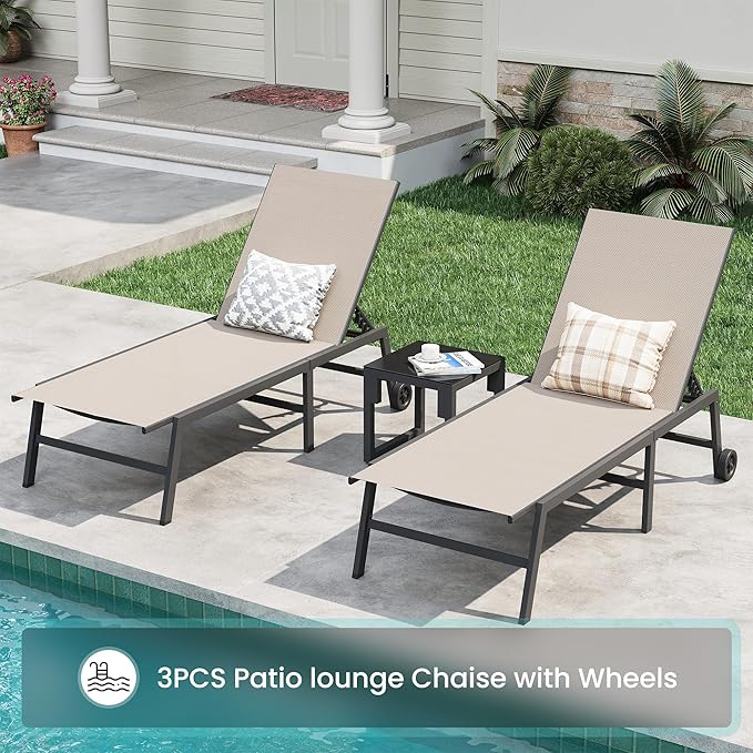 Amopatio 3 Piece Patio Lounge Chairs Set 2 Pool Chaise Lounges with Wheels and 1 Side Table 5-Position Adjustable Lounge Furniture with Heavy-Duty Steel for Backyard Poolside400 LBS Capacity Khaki