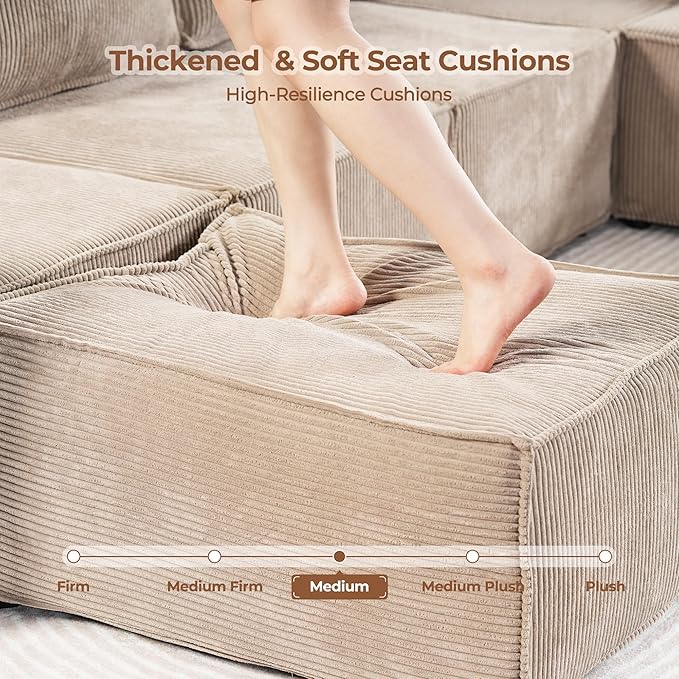 Luxuly Modular Sectional Corduroy Sofa Set L Shaped Couch Reversible Chaise Modular Sectional Couch Mix and Match Pieces Aemless Sofa Camel