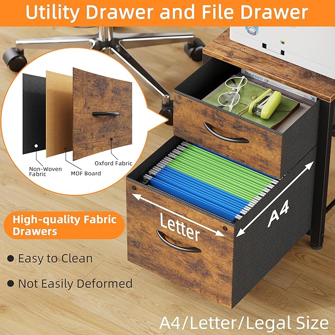 T-Shaped 2 Person Desk with Power Outlet Long Two Person Gaming Table with LED &amp Fabric Drawers 81.2'' Computer Desks with File Cabinet Double Workstation for Home Office Rustic Brown