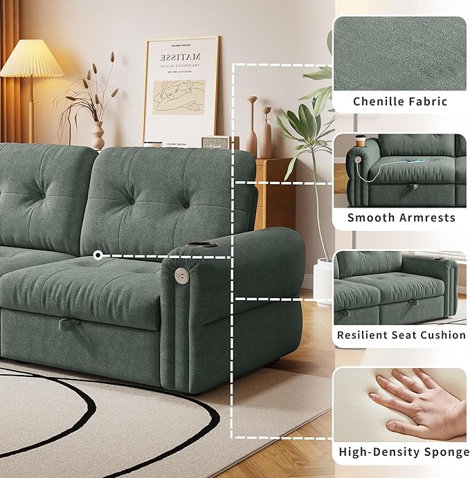 Queen Sofa BedConvertible Loveseat Sleeper SofasCouch with Pull Out BedPullout Couch Bed for Small SpaceQueen Sleeper Sofa Couches for Living RoomApartment &amp Guest Room Green | USB Port Cup