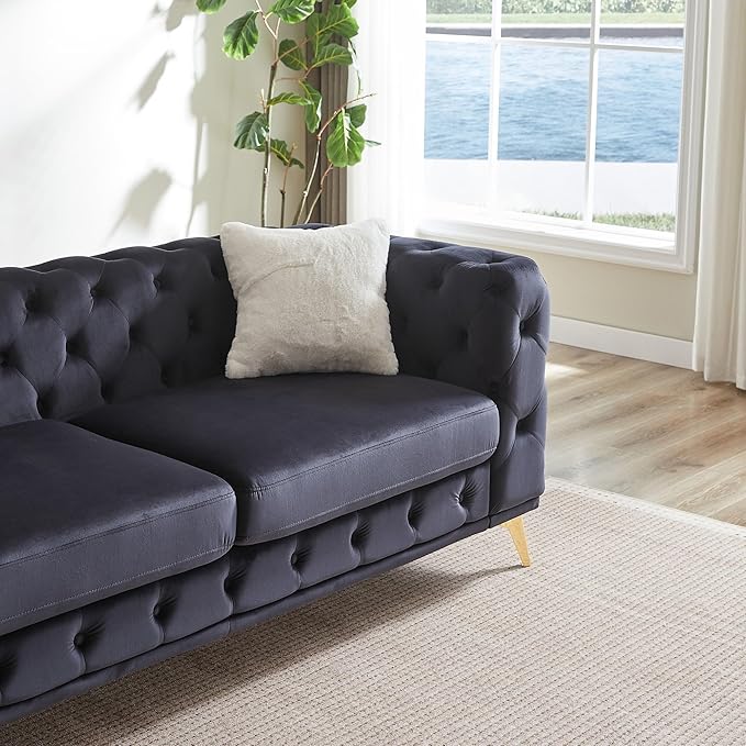 82.5'' Velvet Chesterfield Sofa Button Tufted Upholstered Sofa Couches with 2 Pillows Golden Metal Feets Removable Thick Cushions Comfy Chesterfield Couches for Living Room Apartment Black