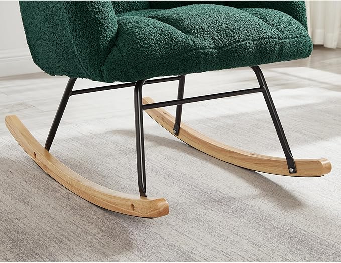 Setawix Upholstered Rocking Chair with Arms for NurseryTufted Rocker Glider ChairsTeddy Fabric Rocking ArmchairMid Century Modern Accent Chairs for Living RoomBedroom (Teddy Green 27.2)