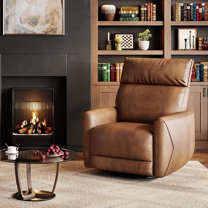 Power Recliner Chair 270° Swivel Glider with USB Charging Port Large PU Leather Seat Wide 22.4 Ergonomic High Back for Living Room Nursery (Power Walnut)