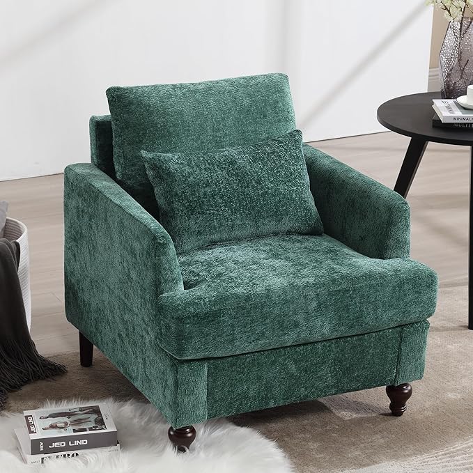 Modern Accent Chair Living Room Upholstered Chenille Armchair with Waist Pillow Single Sofa for Living Room Bedroom Office Emerald