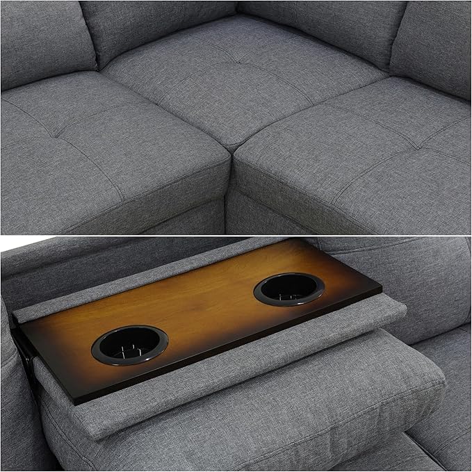 L Shaped Sectional Couch with Reversible Cup Holder and Chaise 4 Seater Lounge Sofa Modern Nailhead Design with Storage Ottoman Grey