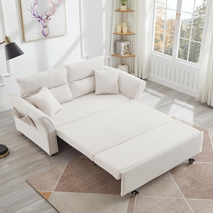 64 Queen Pull Out Futon Sofa Bed with USB Ports 3-in-1 Modern Convertible Sleeper Sofa with Side Pocket ＆ Rivets Comfy Corduroy Loveseat Couch for Living Room Bedroom Apartment (Queen White)