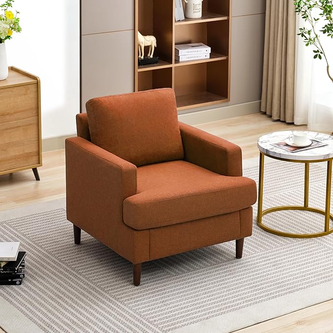 Mid-Century Accent ChairModern Linen Fabric Armchair for Living RoomComfy Upholstered Reading Accent Chairs for BedroomSingle Sofa Chair with Wood Legs (Orange 2 Pack)