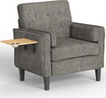 Chenille Accent Chair Mid Century Modern Arm Chair with Foldable Wooden Side Table &amp Cup Holder - Comfy Reading Chair for BedroomLiving Room ChairsSingle Sofa ChairDark Grey
