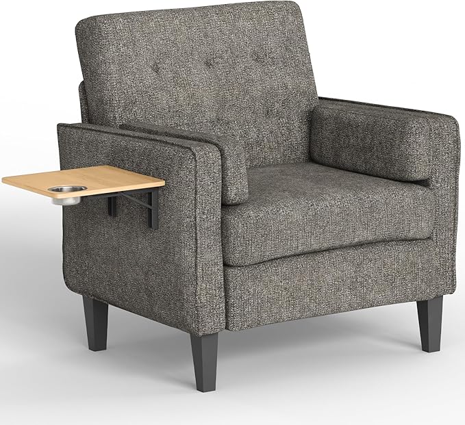 Chenille Accent Chair Mid Century Modern Arm Chair with Foldable Wooden Side Table &amp Cup Holder - Comfy Reading Chair for BedroomLiving Room ChairsSingle Sofa ChairDark Grey