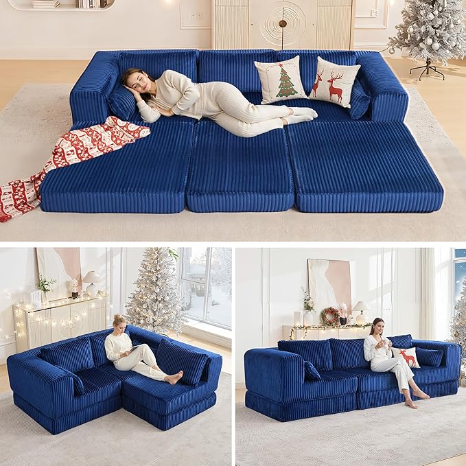 STHOUYN 106 Corduroy Folding Convertible Sleeper Sofa Bed Blue Pull Out Floor Modular Couch with Pillow Memory Foam Boneless Couchs Sectional for Living Room Bedroom (3 Navy Blue)