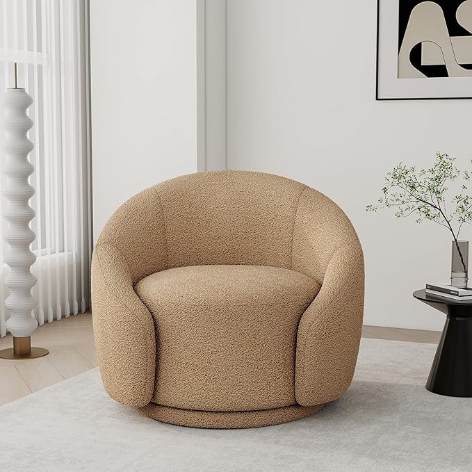 Swivel Barrel Accent Chair 360° Small Round Sofa Chair Comfy Modern Reading Armchair for Living Room Bedroom (Boucle Light Brown Set of 2)