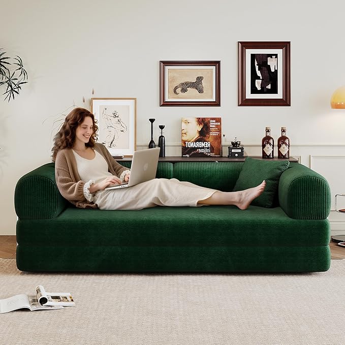 79 Convertible Floor Sofa Bed Modern King Sleeper Folding Mattress Couch with Pillows Corduroy Boneless Sectional Sofa Couch for Living Room Game Room Green