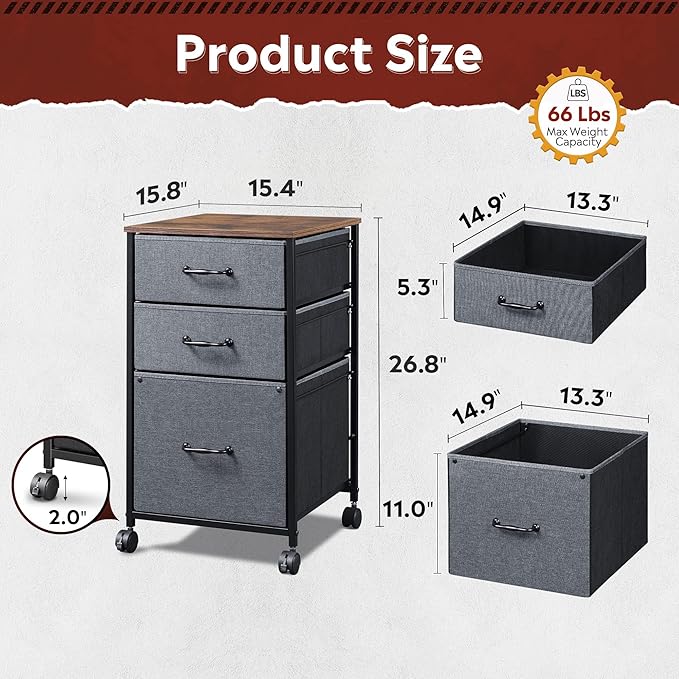 DEVAISE Mobile File Cabinet Rolling Printer Stand with 3 Drawers Fabric Vertical Filing Cabinet fits A4 or Letter Size for Home Office Rustic Brown