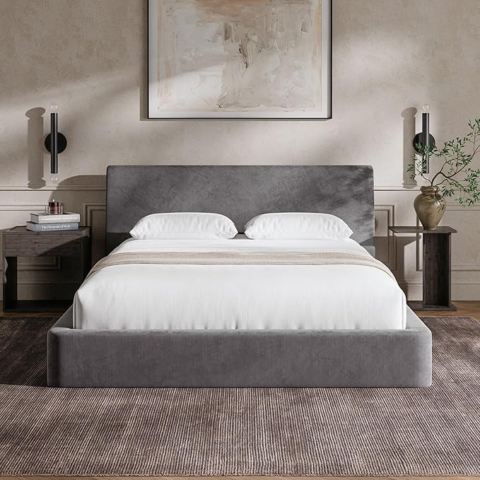 RECCI AirFrame Queen Bed Frame with Ergonomic Angled Foam Cushioned Headboard Minimalist Design Platform Bed Frame No Box Spring Needed Easy Assembly (Moon Grey)