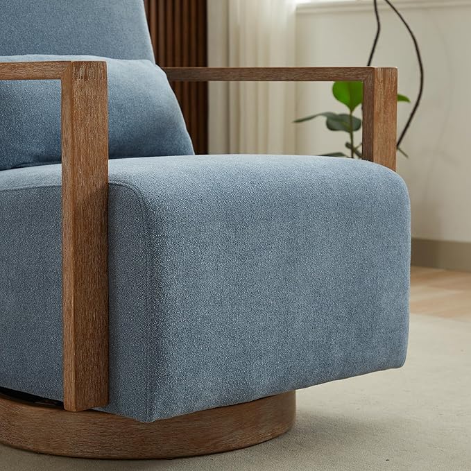 Swivel Modern Upholstered Accent Chair with Solid Wood Armrests and 360 Degree Comfy Lounge Reading Chair Side Armchair for Hotel Bedroom Living Room Office and Nursery Room (Blue)