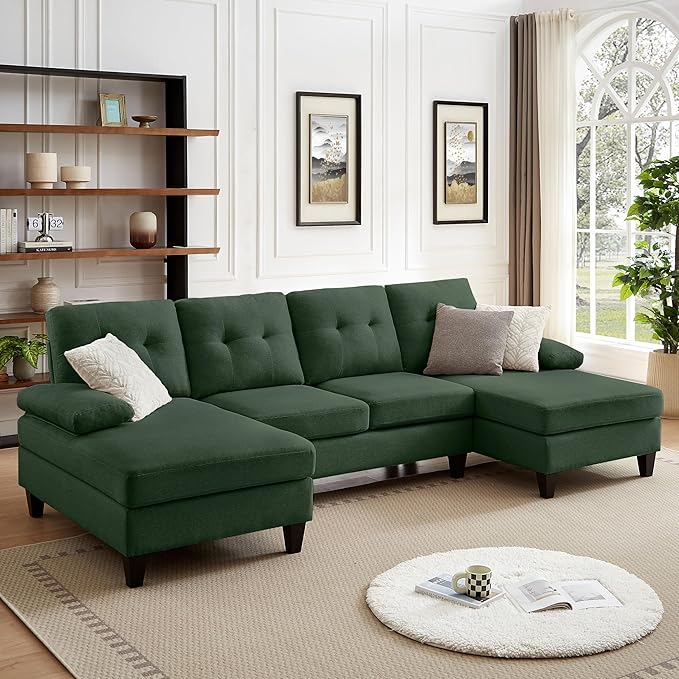 111 Sectional Sofa for Living Room U-Shape 4 seat Large Couch with Double Chaises Polyester Fibre for Living Room Green