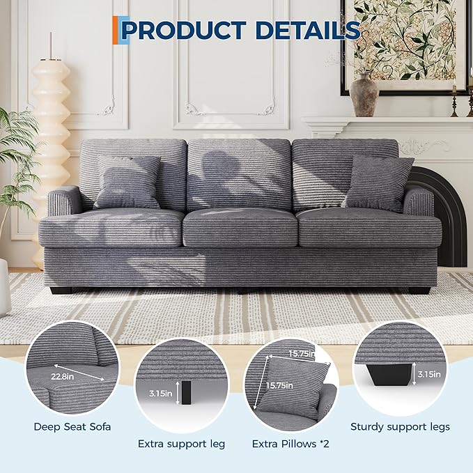 IDEALHOUSE Modern 86 Corduroy Sofa with 2 Throw Pillows Deep Seat Couch with Upholstered Cushion &amp Removable CoverComfy Corduroy Sofa Couch for Small Space Apartment Lounge Grey