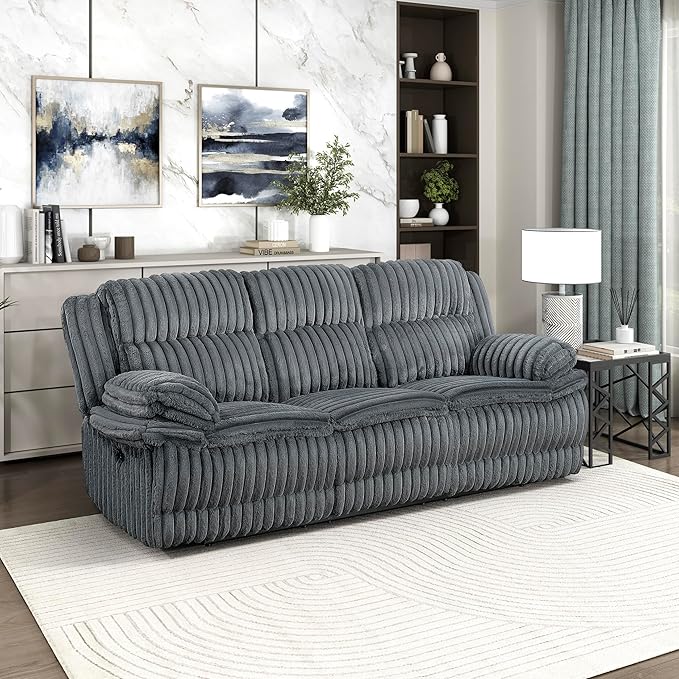 Lexicon Manual Double Reclining Sofa Corduroy Manual Wall Hugger Recliner Couch Pillow Top Arms Plush Foam Cushions Over Pocket Coils Cozy Reclining Sofa for Living Room Dark Gray
