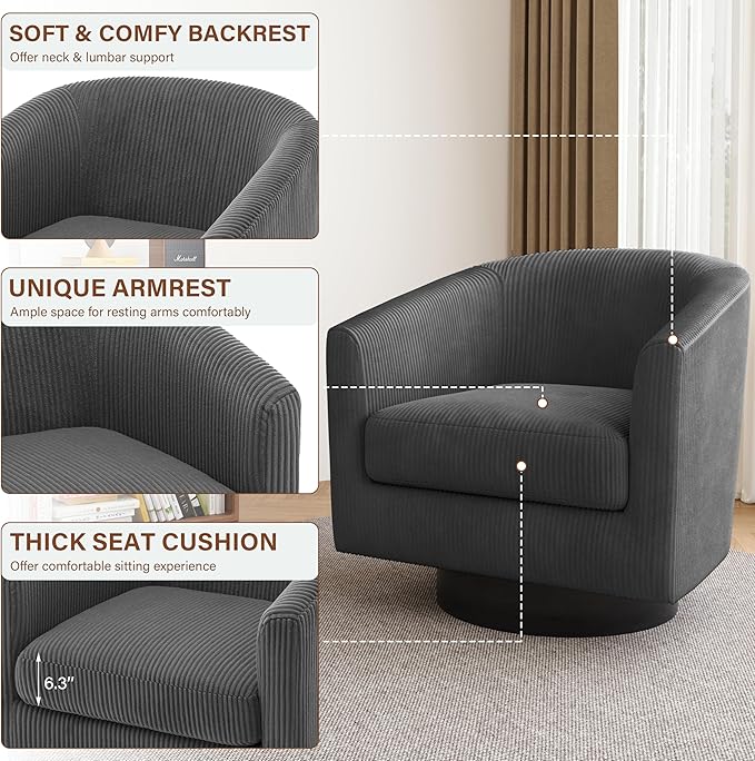 Lumibee Swivel Accent Barrel Chairs Upholstered Comfy Swivel Round Barrel Chair 360° Rotation Single Sofa Club Armchair for Living Room Reading Room Bedroom Corduroy Grey