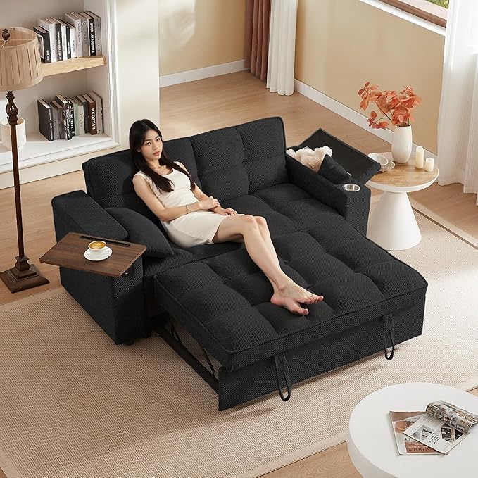 65'' Convertible Sleeper Sofa Bed with Adjustable Backrest Chaise Lounge Side Table &amp USB/Type-C Ports – Stylish &amp Functional Addition to Any Living Room (Black Sofa-1)