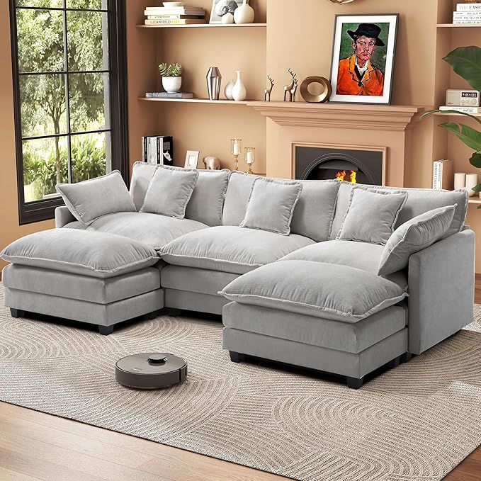 111.4” Modular Sectional Sofa U Shape Cloud Couch with 2 Movable Ottoman Comfy Chenille Deep Seat Sofa with Soft Pillows for Living Room Apartment （Grey）