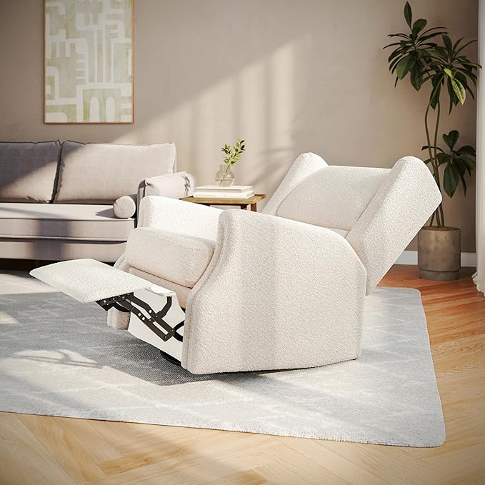 Flash Furniture Omma Swivel Glider Rocking Recliner Manual Wingback Recliner with 360 Degree Swivel for Living Room Bedroom or Nursery Upholstered Off-White Boucle