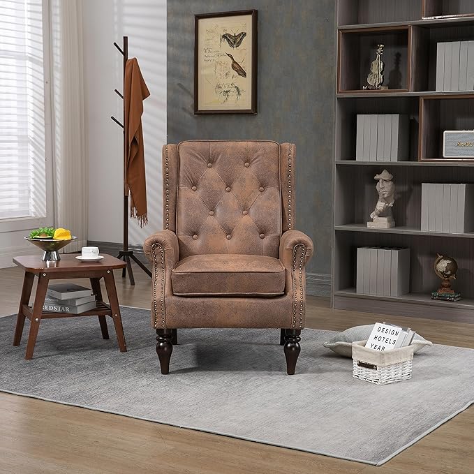 Bellemave Mid Century Wingback Chair PU Leather Button Tufted Upholstered Accent Armchair with Wood Legs Modern Living Room Chairs with High Back Leisure Single Sofa Chair for BedroomClub（Coffee）