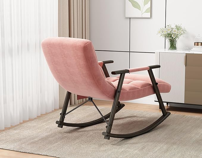 LUMISOL Rocking Chair with Adjustable High Backrest and Footrest Collapsible Rocking Chair with Side Pockets Upholstered Rocking Chair for Living Room Bedroom Balcony Pink
