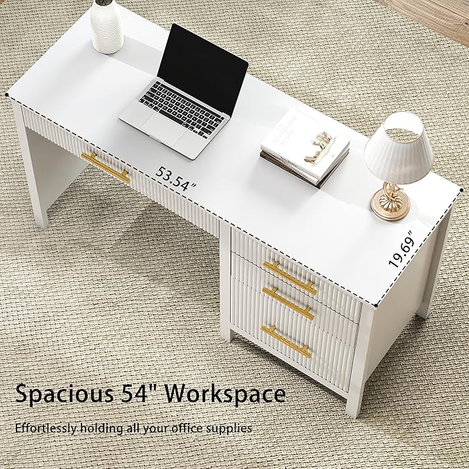 White Computer Desk with Storage: 54 Wooden Executive Office Desk with 4 Drawers Home Office Desks with File Drawers Fluted Writing Desks for Study Living Room