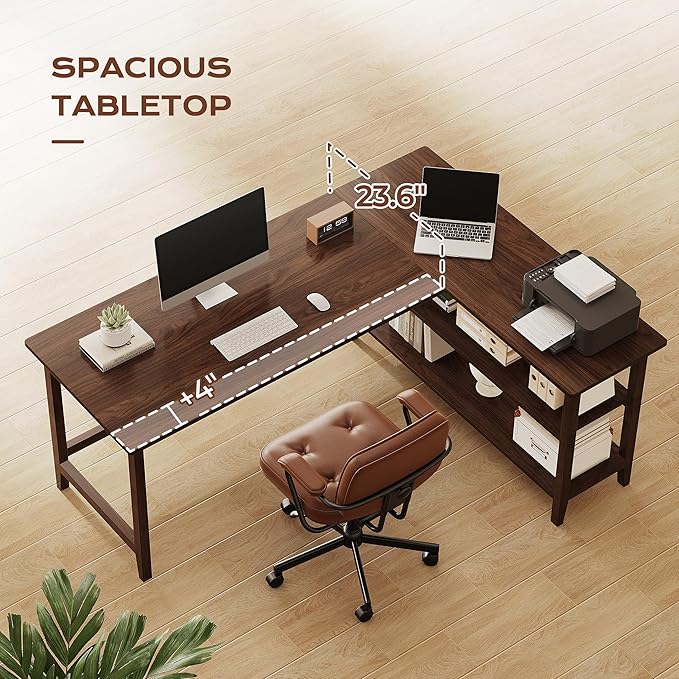 IOTXY Reversible L-Shaped Office Desk - 63 Extra Large Corner Computer Table with Storage Shelves Solid Wood Legs Home Writing &amp Study Workstation Walnut