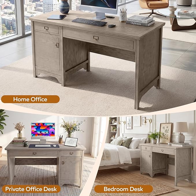 Chogori 47 Solid Wood Executive Desk Farmhouse Office Computer Desk with 2 Drawers &amp Storage Cabinet Wooden Writing Table for Home Office Study Bedroom (Gray)