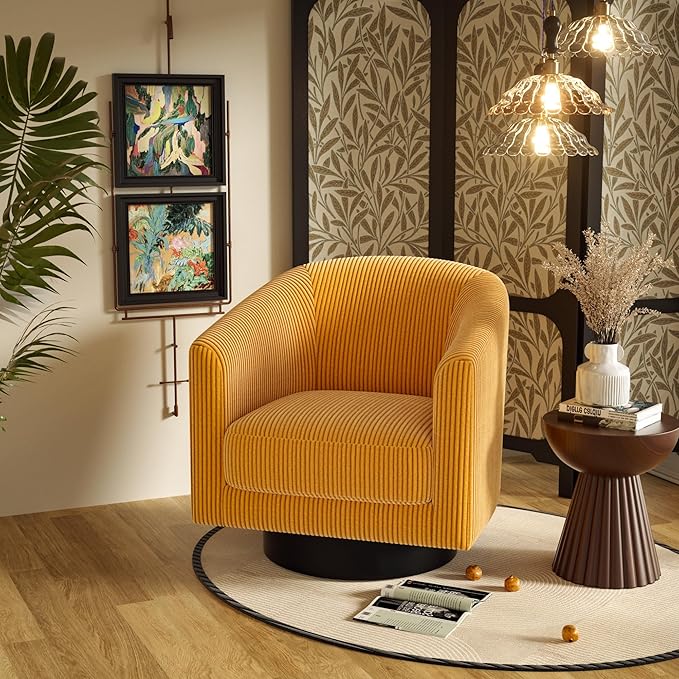 Swivel Accent Chairs Set of 2 360° Bucket Chair Modern Upholstered Barrel Armchair Comfy Corduroy Single Sofa for Living Room Bedroom Orange