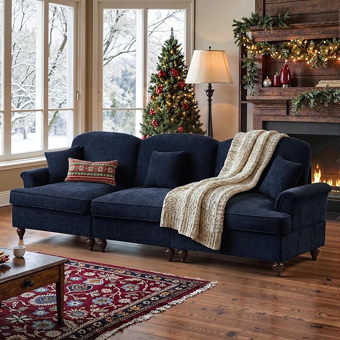 107 Modular Sectional Sofa for Living Room Comfy Chenille 3 Seat Couch with Detachable Ruffled Skirt Flared Arms Spindle Legs Traditional Sofa for Living Room Apartment(Blue)