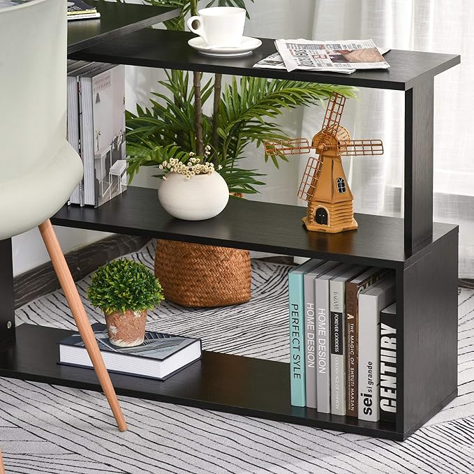 L Shaped Corner Desk 360 Degree Rotating Home Office Desk with Storage Shelves Writing Table Workstation Black