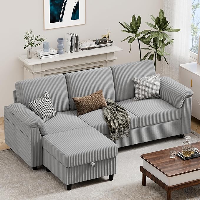 Vongrasig 79 Convertible Sectional Couch Sofa with Storage Ottoman 3 Seat L Shaped Couch with Side Storage Pockage Small Couches for Living Room Apartment and Small Space (Light Grey)
