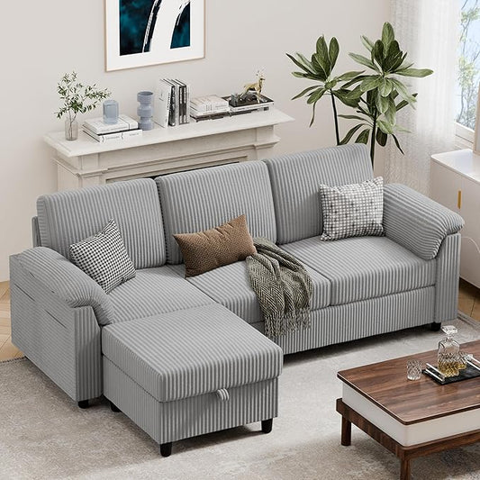 Vongrasig 79 Convertible Sectional Couch Sofa with Storage Ottoman 3 Seat L Shaped Couch with Side Storage Pockage Small Couches for Living Room Apartment and Small Space (Light Grey)