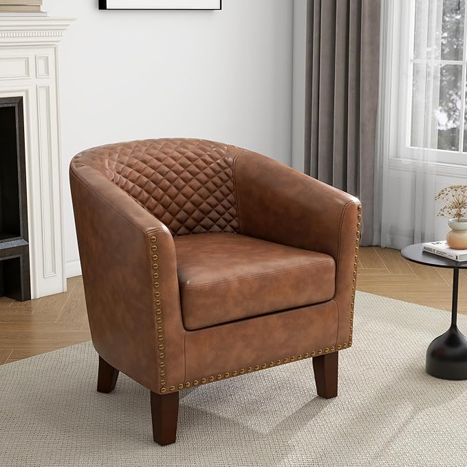 UIXE Faux Leather Barrel Accent Chairs Set of 4 Modern Club Upholstered Arm Chair Comfy Armchair Nailed Trim Living Room Single Sofa Reading Seat Bedroom Side Sitting for Office Brown