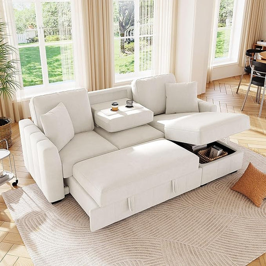 90 L-Shaped Sectional Sleeper Sofa with Reversible Storage Chaise Warp Knitted Fabric Upholstered Convertible Modular Couch with Acacia Wood Frame Drop-Down Center Back Cup Holders (Beige-12.30)