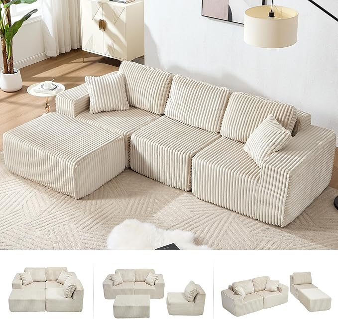 101.5'' Modular Sectional Sofa Cloud Sectional Couch with Deep Seat Comfy Fluffy L Shaped Couches Memory Foam Sofa with 1 Ottoman Corduroy Boneless Couch No Assembly Required Beige