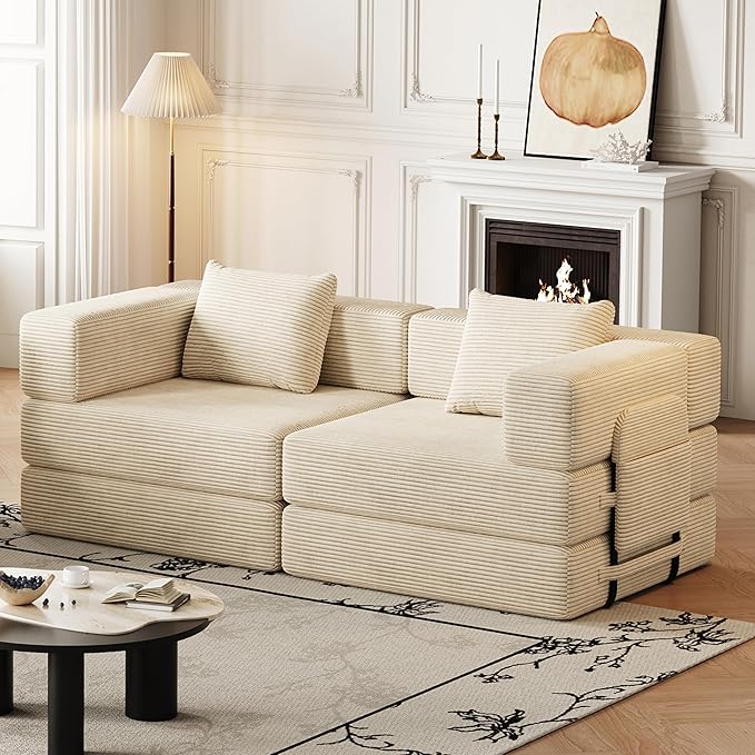 KEIKI 72.4'' Convertible Sofa Bed 2 Seat Corduroy Fabric Sofa with Two Side Storage Pockets and Two Cushions Comfortable Folding Sleeper Carpeted Couch for Living Room Bedroom and Study Beige