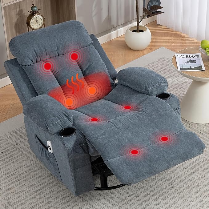 Swivel Recliner Chair for Adults w/Vibration Massage and Heating 360° Rocker Glider Recliner w/Cup Holder and USB Charge Port for Living Room Bedroom Blue