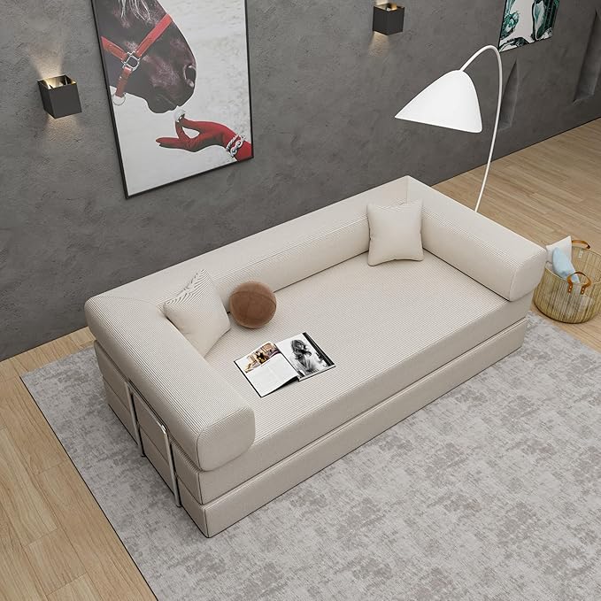 Convertible Couch Sofa Bed Foldable Floor Sleeper | Upgraded ALL High-Density 35D Foam | Fold Out Deep Seat Couch | King Size | Compression Sofa Sleeper for Living Room Bedroom | Corduroy Beige