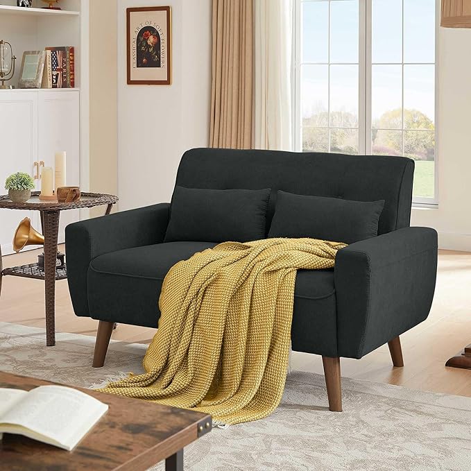 48.8 Small Loveseat Sofa Couch Mid Century Modern Linen Love Seat Couch 2 Seat Tufted Couches with Throw Pillows for Living Room Apartment Bedroom and Small Spaces Black